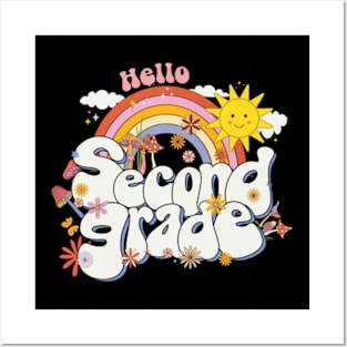 Hello 2nd grade Rainbow Groovy Back To School Teacher Kid Posters and Art